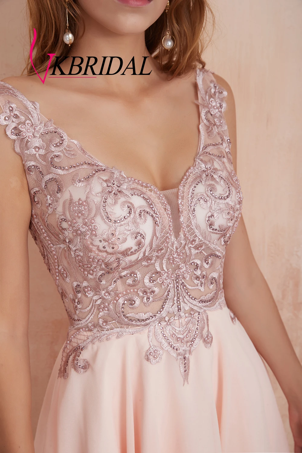 VKBRIDAL сексуальные платья для выпускного вечера с открытой спиной Короткие 2019 V-шеи шифоновые кружева бисером жемчужины розовые вечерние