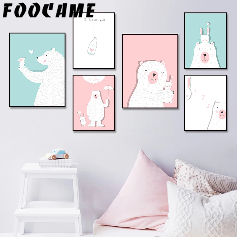 Dessin Anime Animal Mignon Ours Polaire Lapin Toile Peinture Nordique Affiche Pepiniere Mur Art Imprimer Photos Chambre Decoration Bebe Chambre Aliexpress