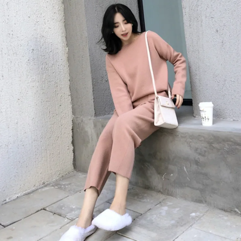 

Knitted Women High Quality 2 Pieces Pant Sets New Fashion Autumn Winter Casual Solid Warm Pullover Sweater And Wide Leg Pats