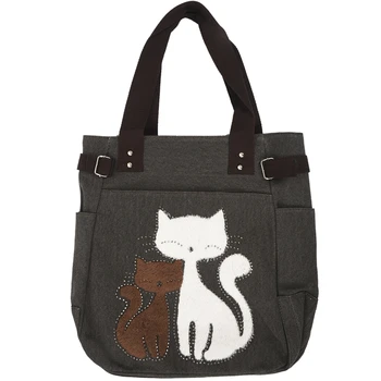 

Women's messenger handbag canvas bag with cute cat small shopping shoulder bag Dark Coffee