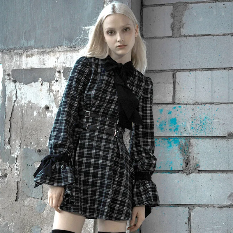 

PUNK RAVE New Spring Girls Harajuku Style Retro Dress Fashion Puff Sleeve Plaid A-line Dress