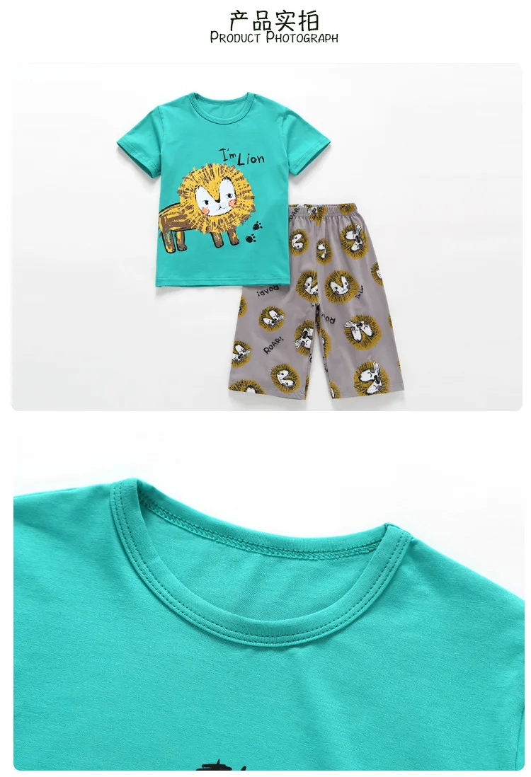 CHILDREN'S Pajamas Boy Summer Pure Cotton Short Sleeve Thin BOY'S Big Boy Summer Cotton Air Conditioner Homewear Set