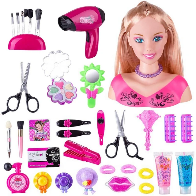 35-piece Set Of Children Hairdressing Makeup Doll Real Makeup Toy Modeling  Doll Headband Hair Dryer