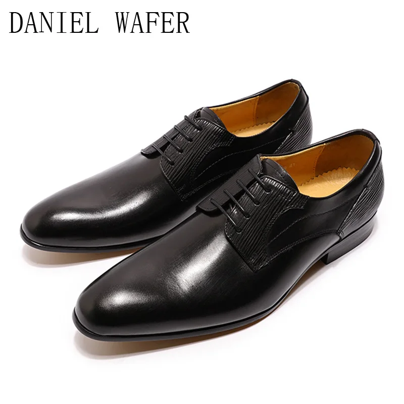 

Лидер продаж, роскошные классические туфли из натуральной кожи, итальянский дизайн, модные оксфорды, шнуровка, заостренный носок, для офиса, вечеринки, свадьбы, бренд для мужчин