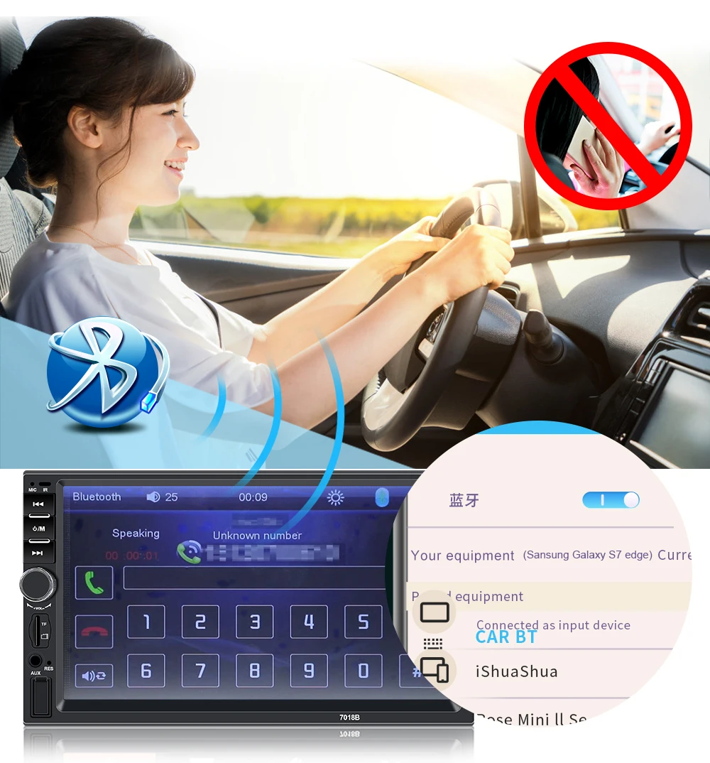 2 Din общие моделей автомобилей 7 дюймов Сенсорный экран Bluetooth мультимедийный плеер Поддержка поддержкой USB, SD карт памяти, с зеркало с экраном камеры заднего вида ссылка 7018B