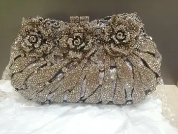 

women Gun color Rhinestone Party Clutch purse Fashion Crystal black Metal Purses Lady Dinner rose Chain Handbags clutches bags