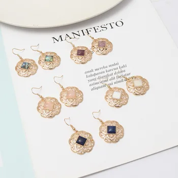 

Hollow Alloy Pattern Palace Style Natural Stone Inlay Fashion Earrings Brincos Pendientes Charm Dangle Earrings Jewelry Women
