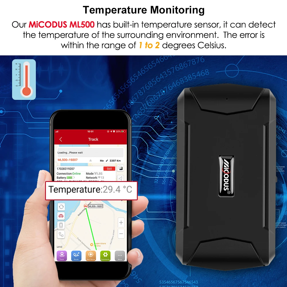 Magnetic 5000mAh GPS Tracker Car Tracker MiCODUS ML500 Temperature GPS Locator Vibrate Drop Alert Lifetime APP — view 4
