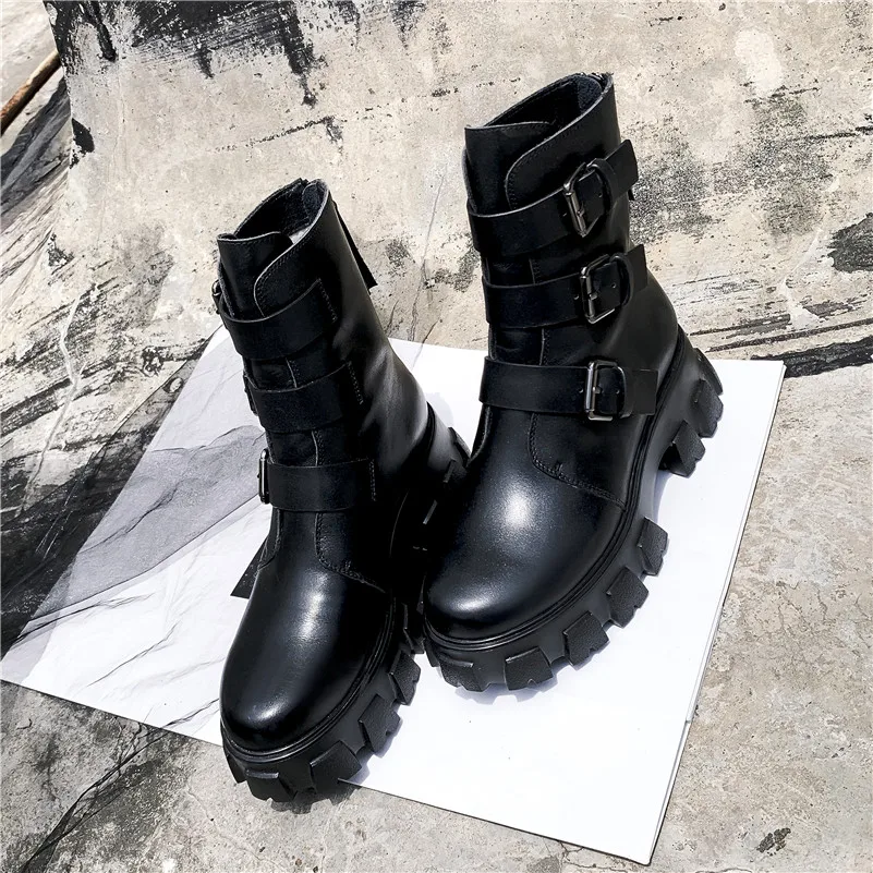 Meotina-зимние мотоциклетные ботинки; женские ботильоны из натуральной кожи на толстом высоком каблуке с пряжкой; обувь с круглым носком на молнии; женская обувь; размеры 34-40 - Цвет: Black Velvet Lining