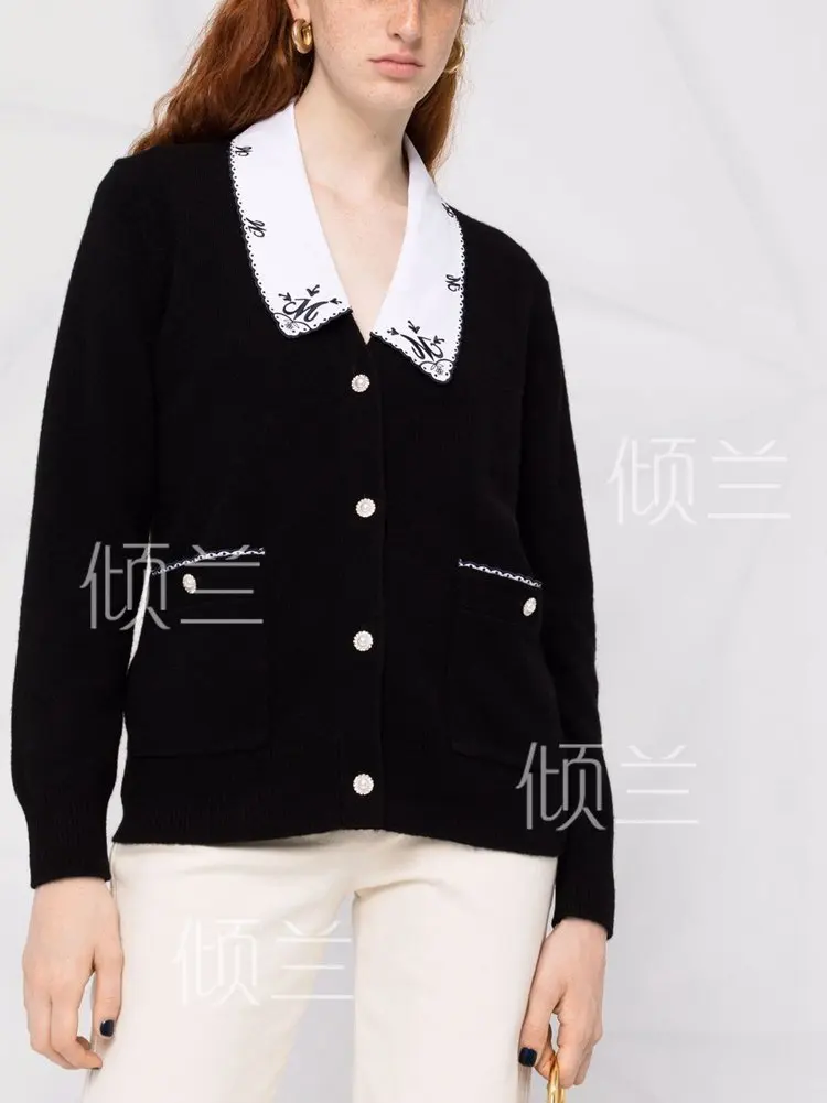 

Patads France m family 2021 autumn winter new women's embroidered lace contrast V-neck straight knit cardigan