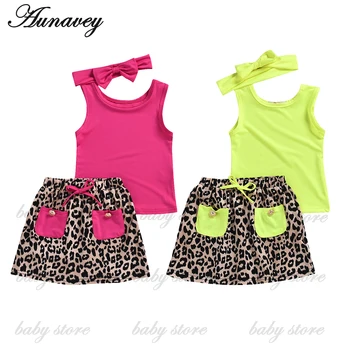 

NEW 2020 Summer Kids Baby Girls Clothes Sets Leopard Print Sleeveless T-shirt Top Skirt Outfit Sets Tracksuit 2PCS Clothes Set
