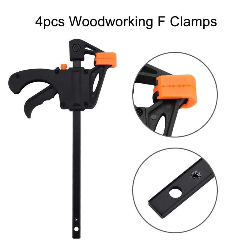 ABSF Plastic F Clamps Set 4-Piece, 100mm 4 inch Bar F Clamps Clip Grip Quick Ratchet Release Woodworking DIY Hand Tool Kit