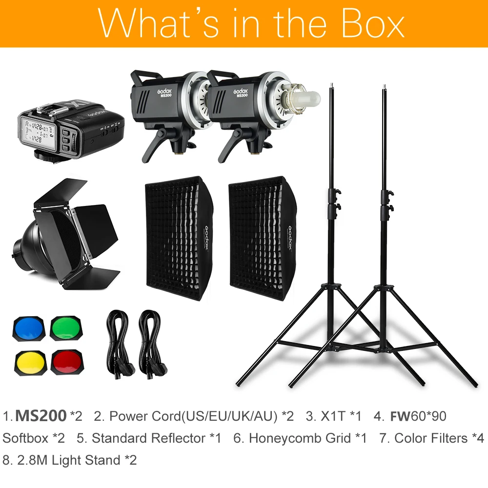 Godox MS200 400Ws 2x200 Ws Фотостудия вспышка освещение, софтбокс, 280 см осветительная стойка, дверь сарая, триггер, встроенные приемники вспышки