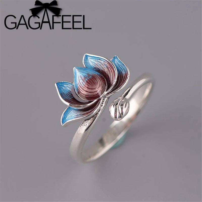 Женское кольцо с эмалью и лотосом GAGAFEEL регулируемое из серебра 925 пробы модные