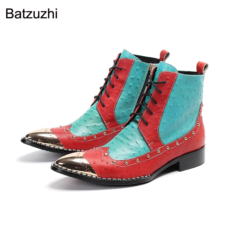 Batzuzhi New Personality Men Ankle Boots Pointed Metal Head Genuine Leather Ankle Boots Men Color Lace-up Party/Wedding Botas