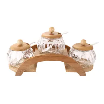 

2020 New Seasoning container set glass seasoning jar with spoon lid and base