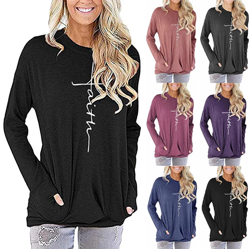 

Best Selling Women's Clothing In Autumn And Winter Letter Printed Crew Neck Pocket Long Sleeve T-shirt Pullover Cotton