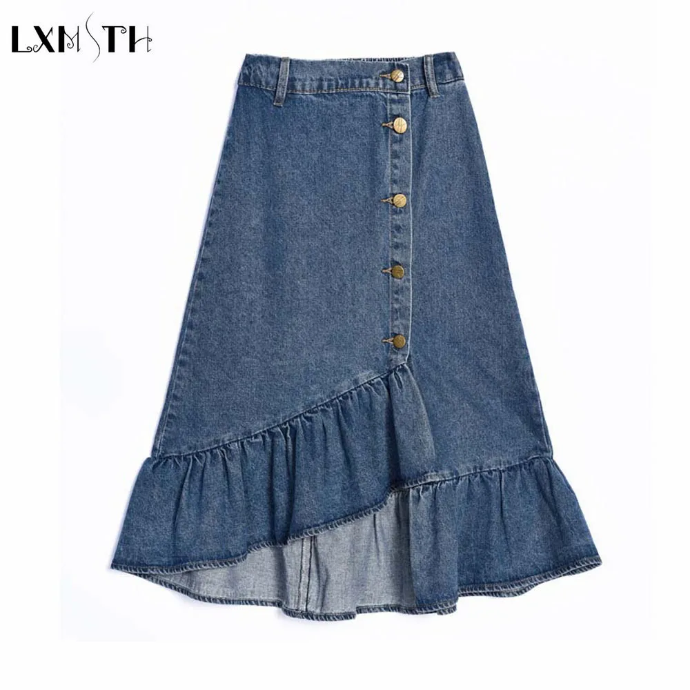 

LXMSTH Large Size Denim Skirt Women Button up Ruffles Casual High Waist Ladies Plus Size Elegant Irregular Jeans Skirt 8XL 7XL