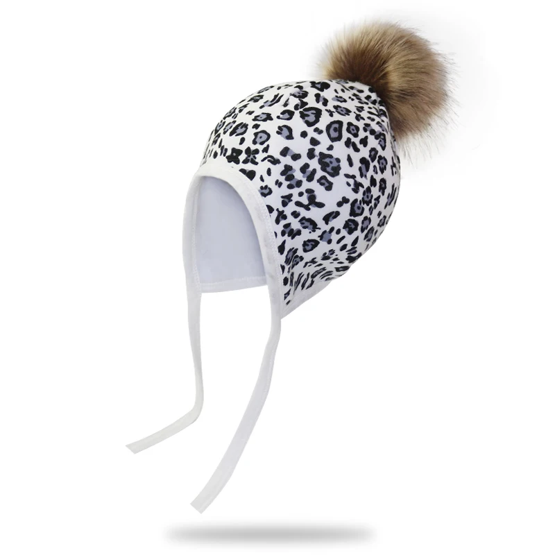 leopard Хлопковые шапочки для детей, защитная шапка для маленьких девочек, зимняя шапка для мальчиков, детская шапка с помпоном, Детские аксессуары - Цвет: leopard