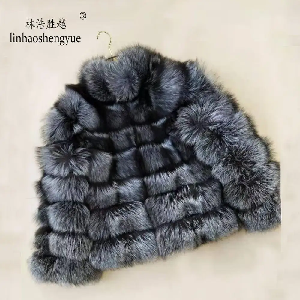 Linhaoshengyue модное женское пальто из меха серебристой лисы, Женское пальто с горизонтальной полоской, Женское пальто с воротником-стойкой
