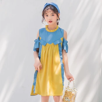 

2020 Off Shoulder Big Girl Dress Kids Clothes Yellow Blue Patchwork Cute Dress Baby Girl DressTeenager Dresses For Girls Summer
