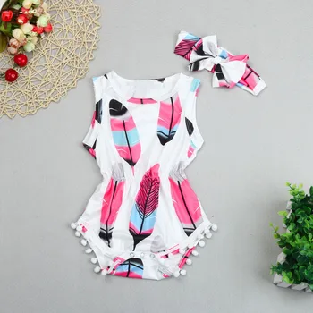

Summer Baby Girl Clothes Sleeveless Feather Print Romper Jumpsuit Baby Cotton Romper Infant Girl Bodysuit+headband 2pcs Set #LR3
