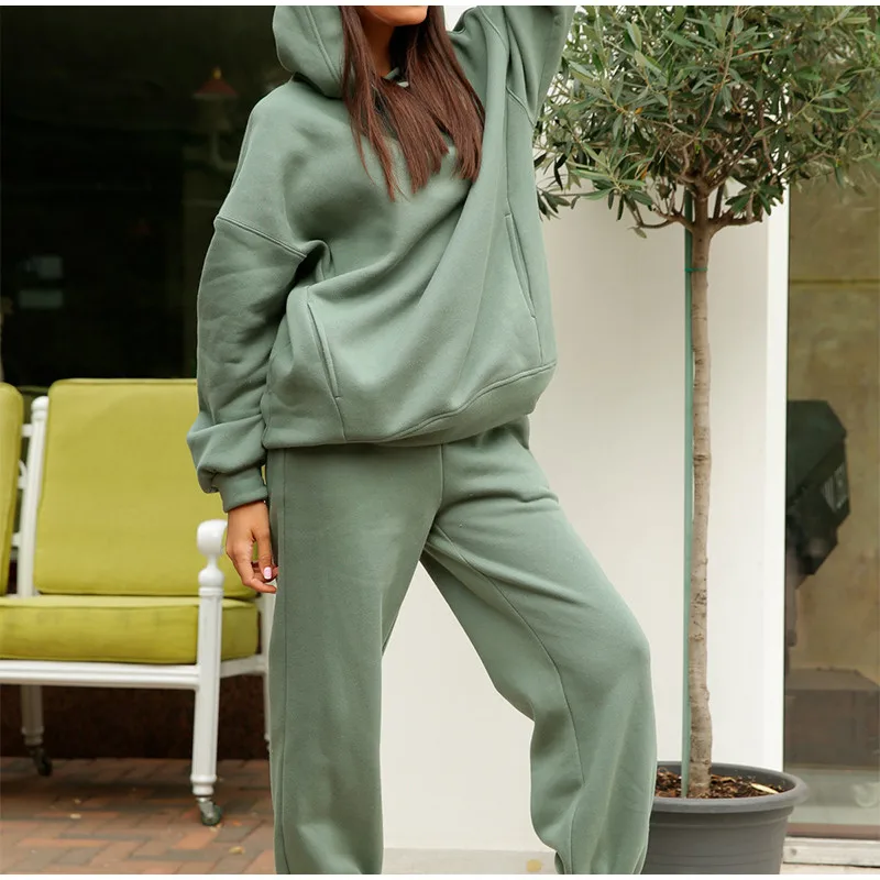 plus size pant suits Women's Tracksuit Autumn Winter Warm Solid Color Fleece Oversized Sweatshirts Female Sports Hoodie and Long Pant Two Piece Sets plus size pant suits for weddings