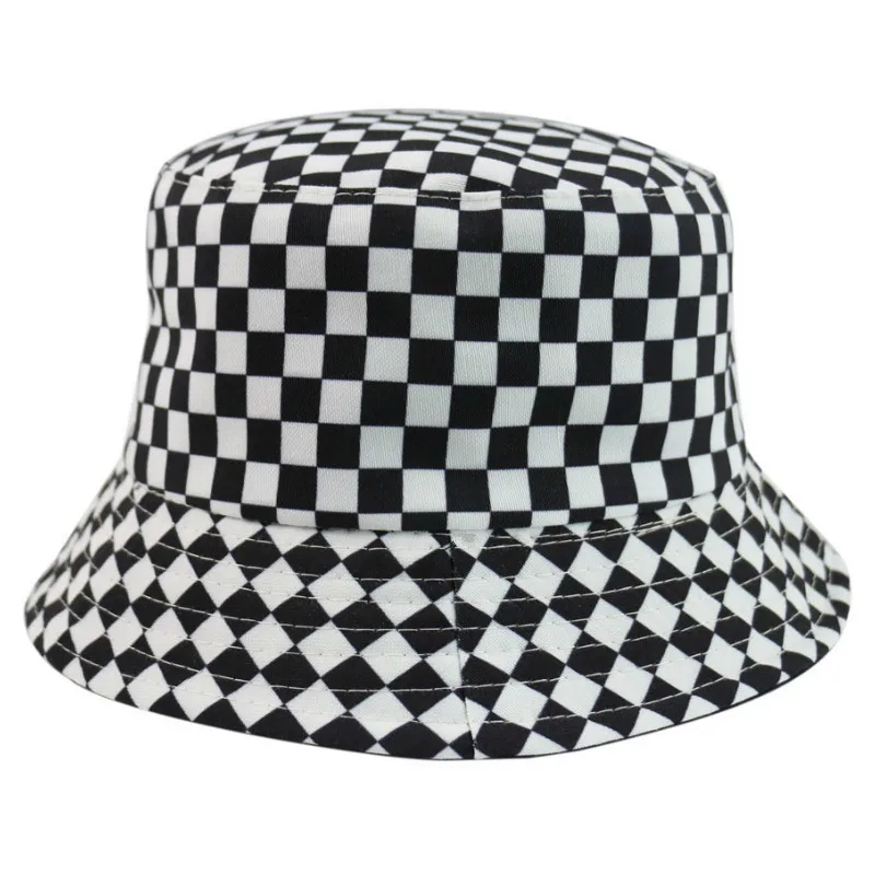 Fashion Black White Plaid Check Bucket Hats Fishing Caps Women Mens Reversible Fisherman Hat boy girls summer Panama