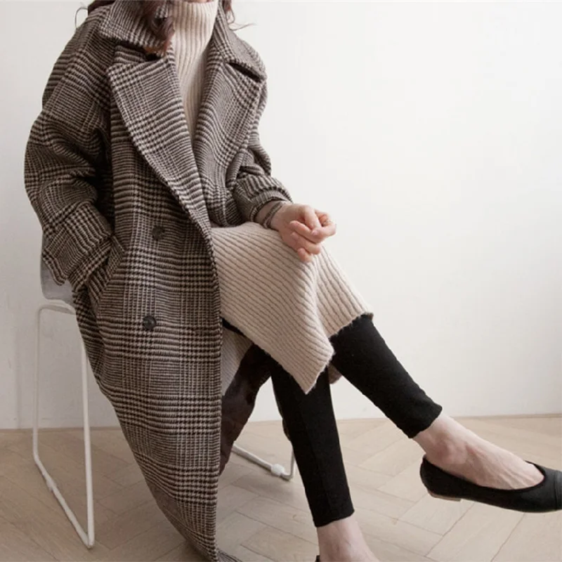 Женская элегантная зимняя куртка, шерстяная клетчатая коричневая верхняя одежда, длинное шерстяное пальто, кардиган, большие размеры, Manteau Femme Hiver