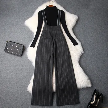 

Top Quality Runway Designer Autumn Pants 2Piece Set Women Designer Flare Sleeve Knit Top+Beaded Wide Leg Long Pants Set Overalls