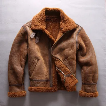 

european size genuine sheep leather jacket men's high quality warm coat large size B3 shearling bomber military pilot fur jacket
