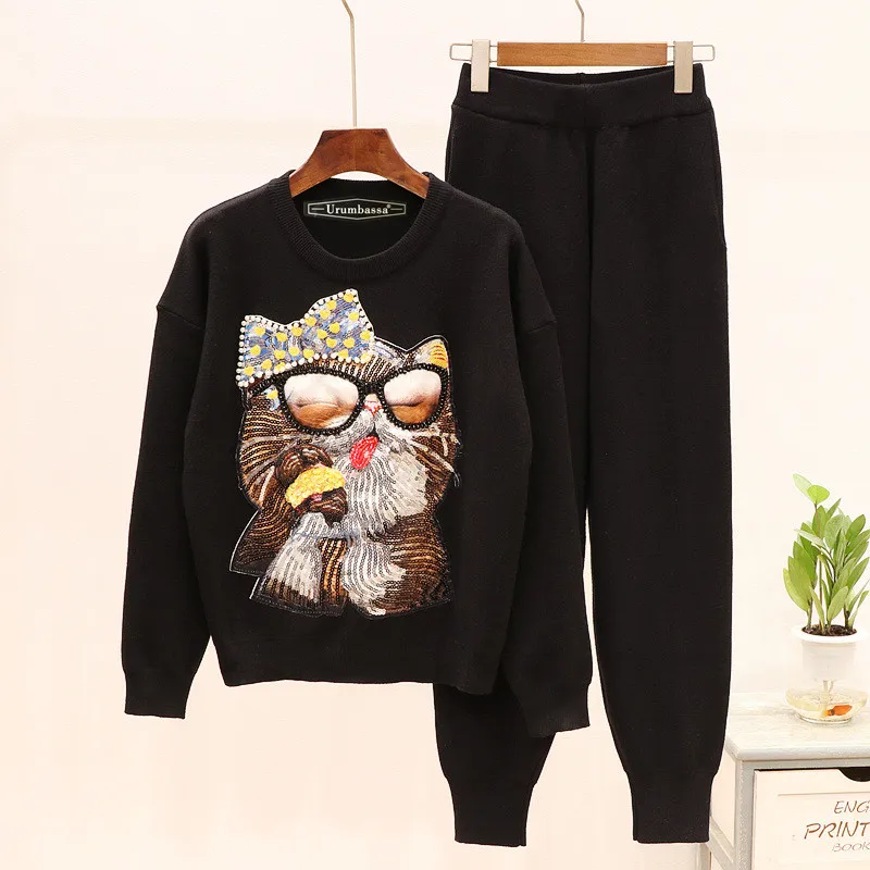

2019 Autumn Women high quality sequins cat pattern sweaters + casual pants two piece set Chic women's comfort pantsuit A922