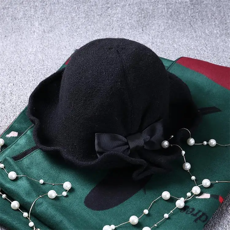Black Dilidala Женская Вязаная Шерстяная Рыбацкая шляпа, складывающаяся Корейская Дамская Милая британская модная шляпа-котелок, шапка-котелок - Цвет: Black
