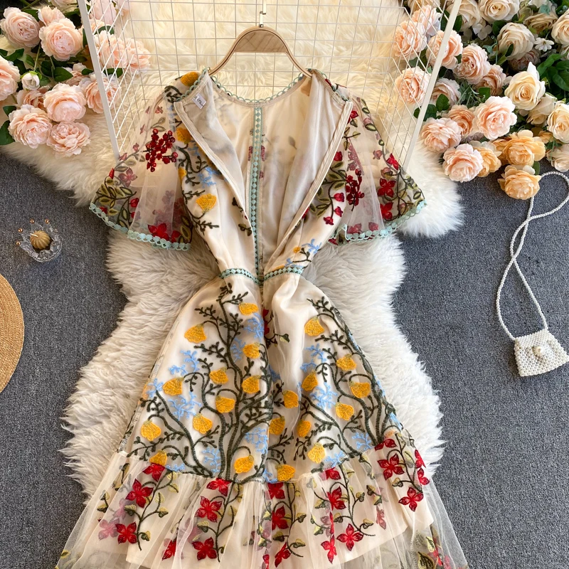 SINGREINY Retro Mesh Embroidery Dress Women Short Sleeve Ruffles A-line  Dress Summer High Quality Elegant Chic Streetwear Dress