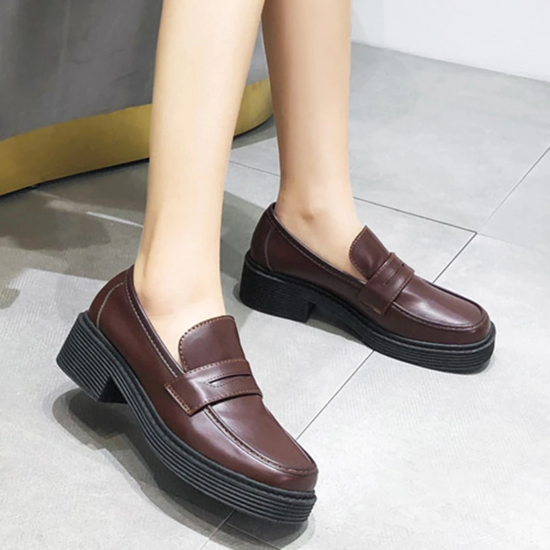 Mocasines de cuero negro oscuro de Rimocy, zapatos de tacón medio estilo británico para mujer, zapatos de oficina para zapatos punta redonda|Zapatos planos de mujer| - AliExpress