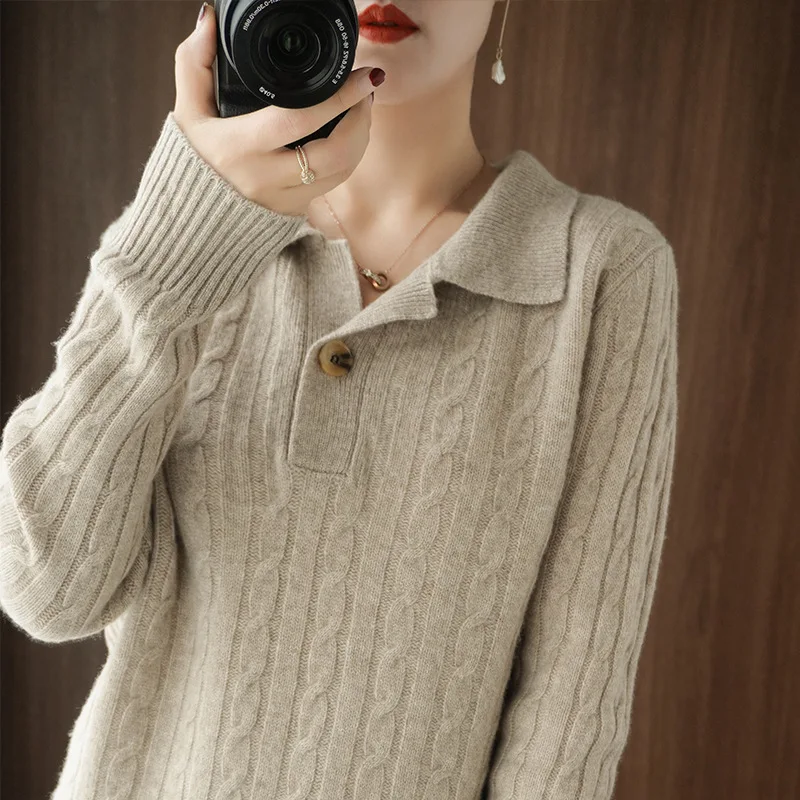 

Sparsil Women Winter Turn-Down Collar 100%Wool Sweater Solid Color Knitted Pulloves Cashmere Soft Warm Fashion Women Base Shirt
