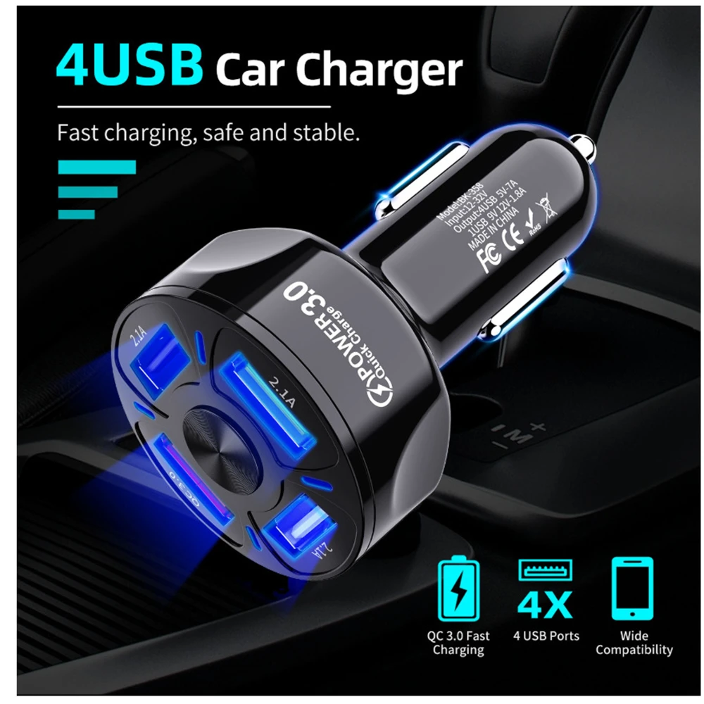 High-Speed 4-Port Car USB Charger with Quick Charge Technology - 48W Fast Charging Adapter