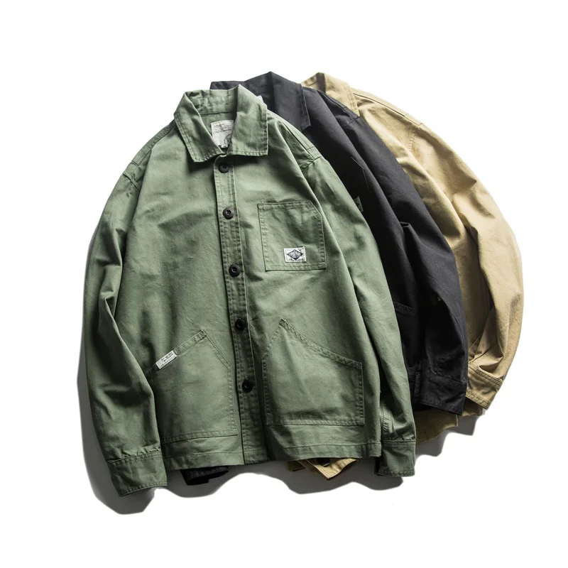 Autumn Origional Japanese-style Street Trendy Pure Color Workwear Casual Jacket Young MEN'S Versatile Retro Thin Coat Men's