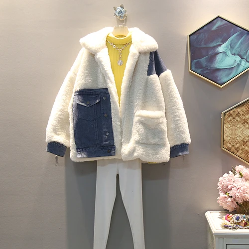white GCC2753 XITAO Лоскутная джинсовая повседневная куртка, Изготовленная с применением техники Открытый шов женщин зима прилива моды свободного размера плюс отложной воротник пальто GCC2753 - Цвет: white GCC2753