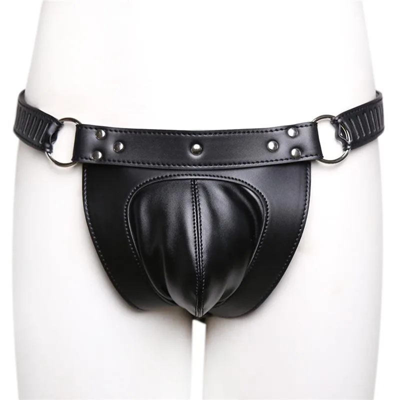 Mens PU Leather Chastity Harness Underwear Lockable Waist Belt Crotch Pouch Cage Briefs Fetish Costume Under Pants Outfit