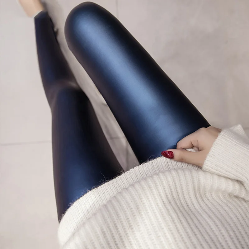 Blue fleece Осенние женские корейские тонкие флисовые леггинсы-карандаш, S-3XL леггинсы из искусственной кожи, женские обтягивающие штаны, 4 цвета - Цвет: Blue fleece