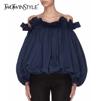 

TWOTWINSTYLE Casual Patchwork Ruffles Women Shirt Slash Neck Lantern Long Sleeve Loose Ruched Elegant Blouse For Female Clothing