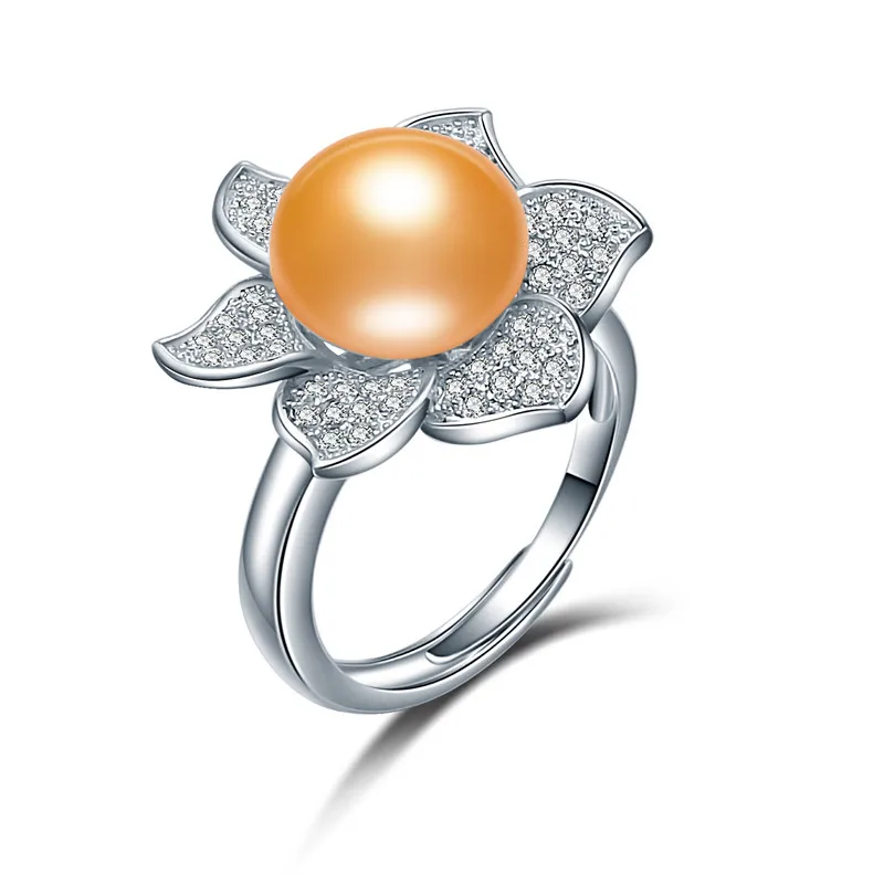 Gold Dainashi Gorgeous 925 Sterling Silver Flower Zircon Crystal Adjustable Ring Luxury Genuine Freshwater Cultured Pearl Ring - Gem Color: Gold