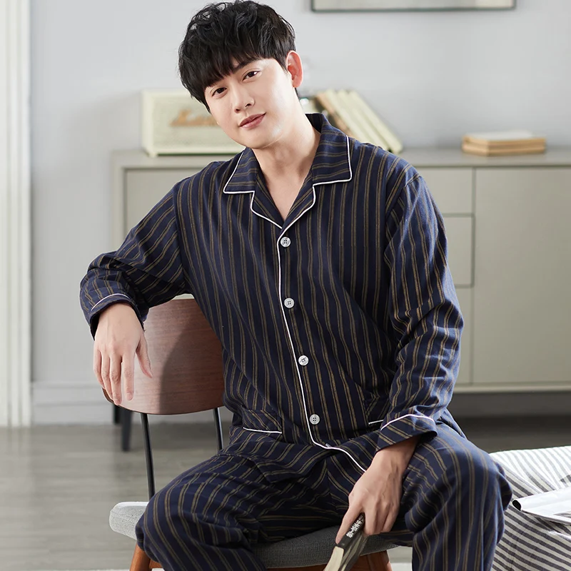 Man Pajamas Set Men Pyjama Set Full Cotton Spring Long Sleeve Print Men Pajama Suit Autumn Nightwear Collar Pijama Male Sleepwear Two Piece 4XL