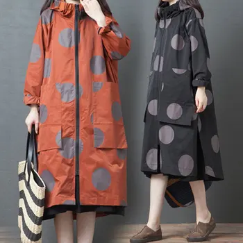 

Mid-Length Windbreaker Jacket Female 2020 Spring Autumn Fashion New Loose Large Size Dot Casual Hooded Windbreaker Coat H009