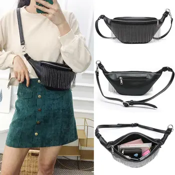 

Wome Belt Bag Leather Waist Bag Fashion Tassel Fanny Pack Female Solid Black Chest Hip Bum Bag