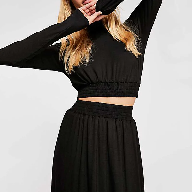 

2019 Autumn Winter Fashion Round Collar Long Sleeve Solid Color Top + Slit Long Skirt Two-piece Suit for Women