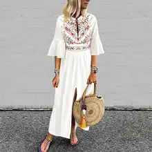 Богемное женское винтажное платье с принтом, сексуальное платье с v-образным вырезом и рукавами с оборками, длинное платье макси размера плюс, повседневное свободное платье