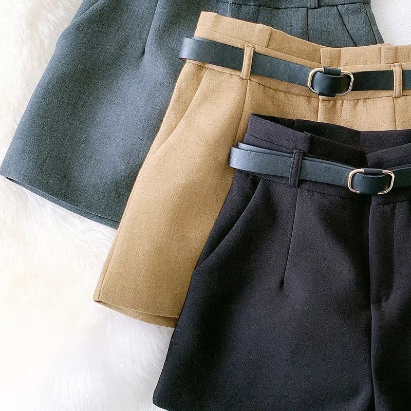 Wasteheart Autumn Black Gray Khaki Shorts Women High Waist Shorts Camel PU Sashes Bottom Zipper Sashes England Style OL Formal