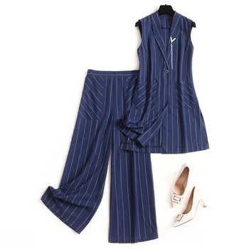 

Large plus size women two piece set summer 2020 blue striped linen sleeveless long vest wide leg pants and top outfit